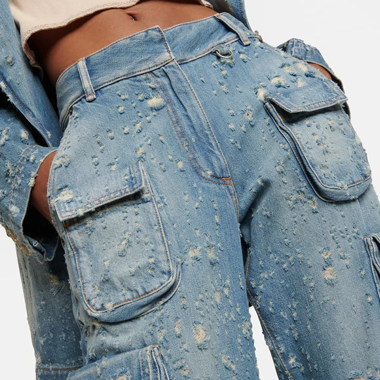 DiZNEW Design Streetwear Waist Women Jeans 2023 Cargo Loose Blue Wide Leg Denim Pants For Ladies
