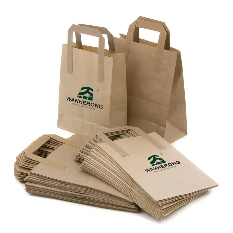 Recyclable kraft brown white paper bag with your own logo food packaging takeaway bolsas de papel paper bags with handles
