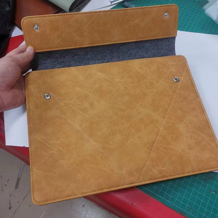 High quality PU leather and felt material envelope design document file bag case with button snap closure A4 size