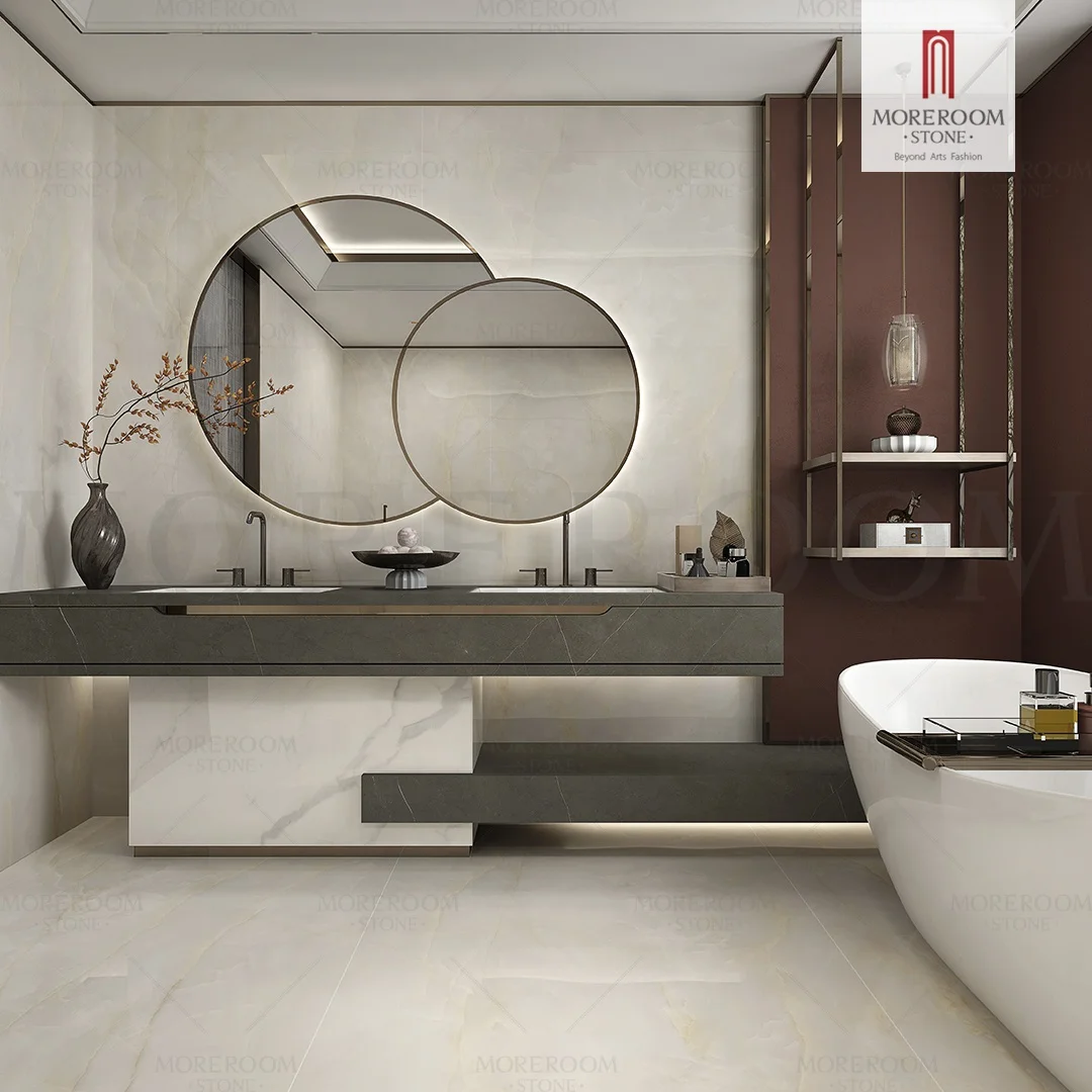 Large Size Snow White Onyx Stone Porcelain Floor Slab Wall Tiles For Bathroom