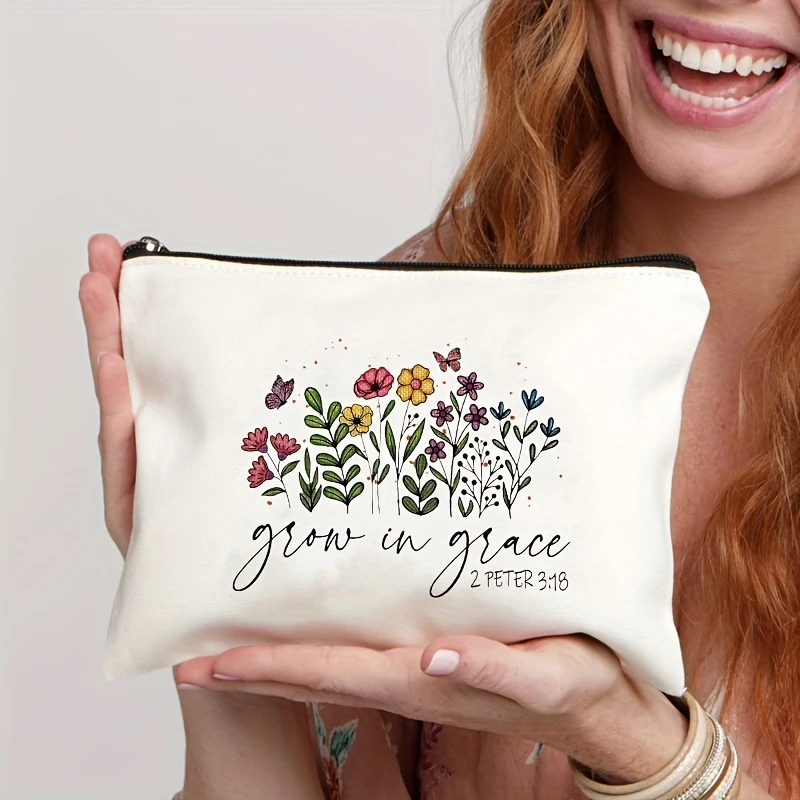 1 pcChristian Bible Scripture 2 Peter 3:18 Growing Colorful Flowers in Grace pattern Personalized Makeup Bag Travel ToiletBag