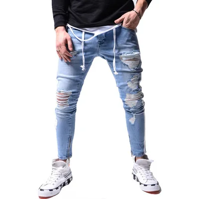 Daily Casual Sports Cotton Hip-hop Slim-fit Pierce Trousers Skinny Jeans Men