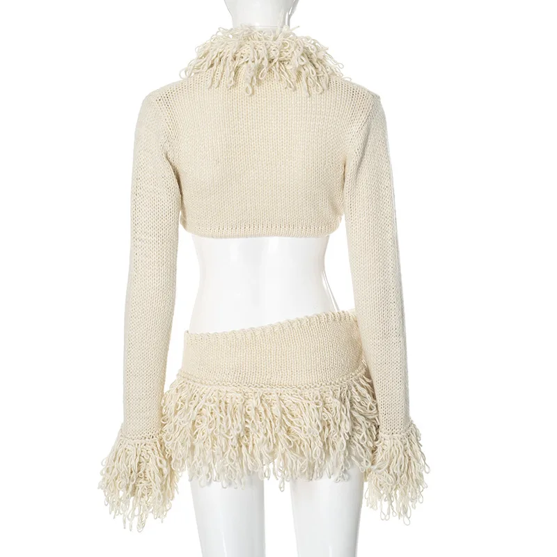 Casual Unique Fall Winter Spring Hollow Out Women Tassel Tie Up Knit Sweater Mini Split Skirt Matching 2 Two Piece Skirt Set