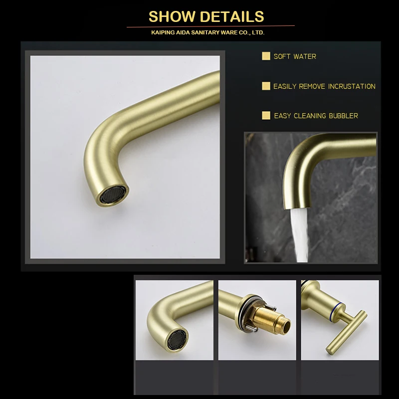 Northern Europe style brass 3 hole brush gold bathroom faucet