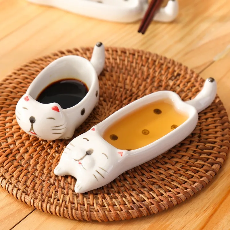 wholesale Mini Animal Cat Plates Dipping bowl Cute Cats Shape ceramic Soy Sauce Dish