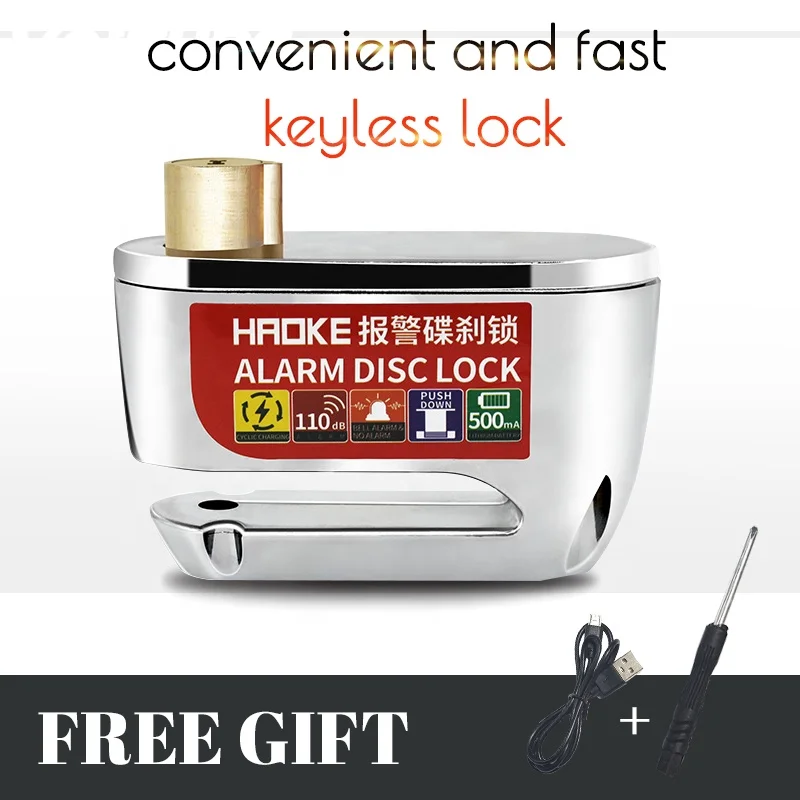 Quick keyless bicycle lock water proof USB rechargeable disc brake lock 110 db Anti theft alarm lock