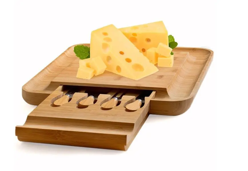 Bamboo cheeseboard set with four sets of knives and cheese boardSquare multifunctional drawer