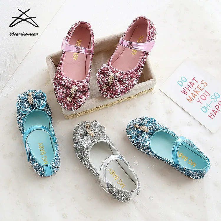 2022 Girls New Design Bling Sequins Bow Knot Buckle Strap High-heeled Kids Princess Shoes Performance Shoes Durable Shoes