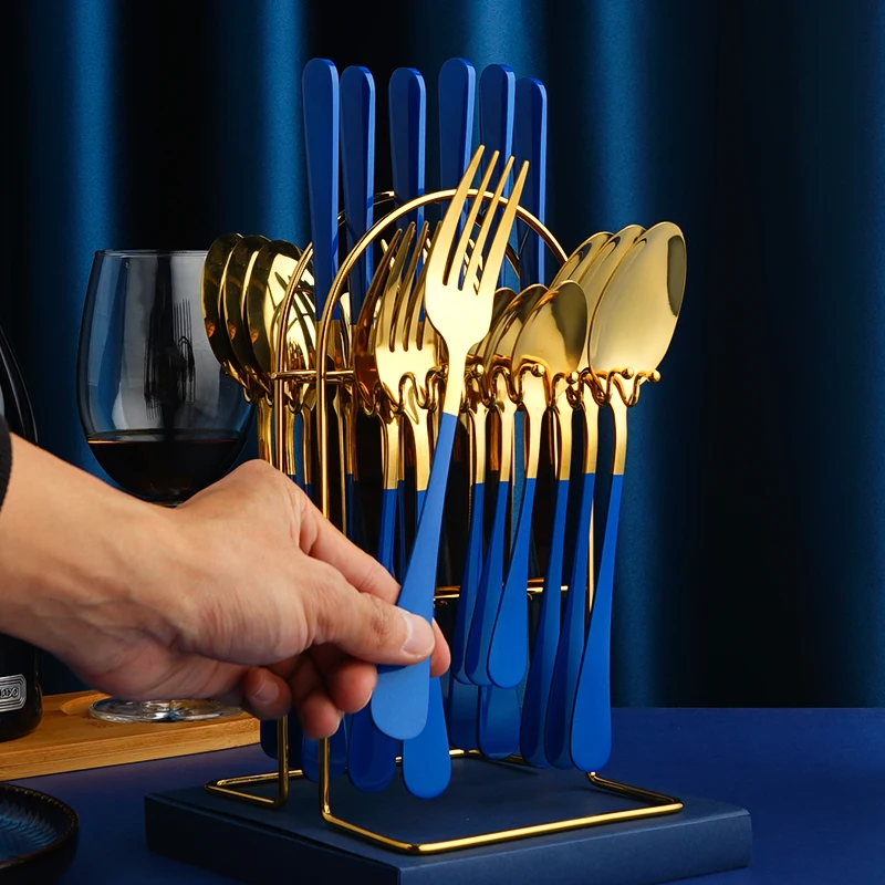 Gold Stainless Steel 24 Pieces Cutlery Sets With Stand knife fork spoon tableware