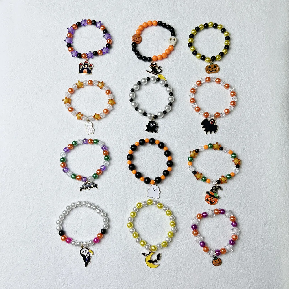 Halloween Bracelet Pumpkin Ghost Bat Pendant Bracelet Skull Spider Beaded Decoration Party Fashion Jewelry Accessories Gift