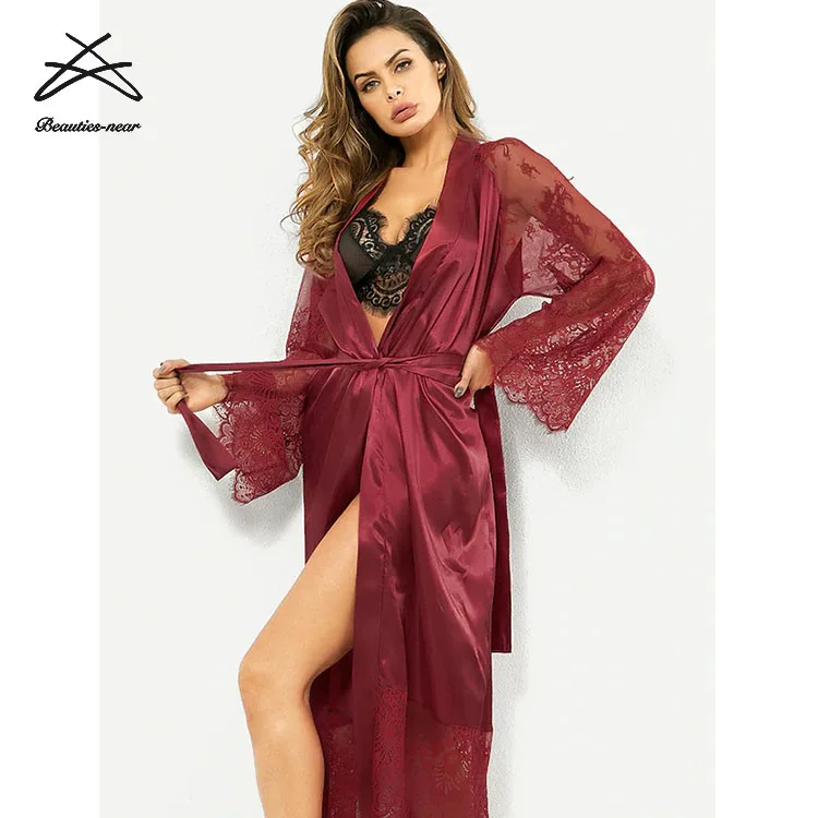2021 New one piece style long women sexy lingerie plus size sexy pajamas belt lace silk robe lingerie coat nightgowns sleepwear