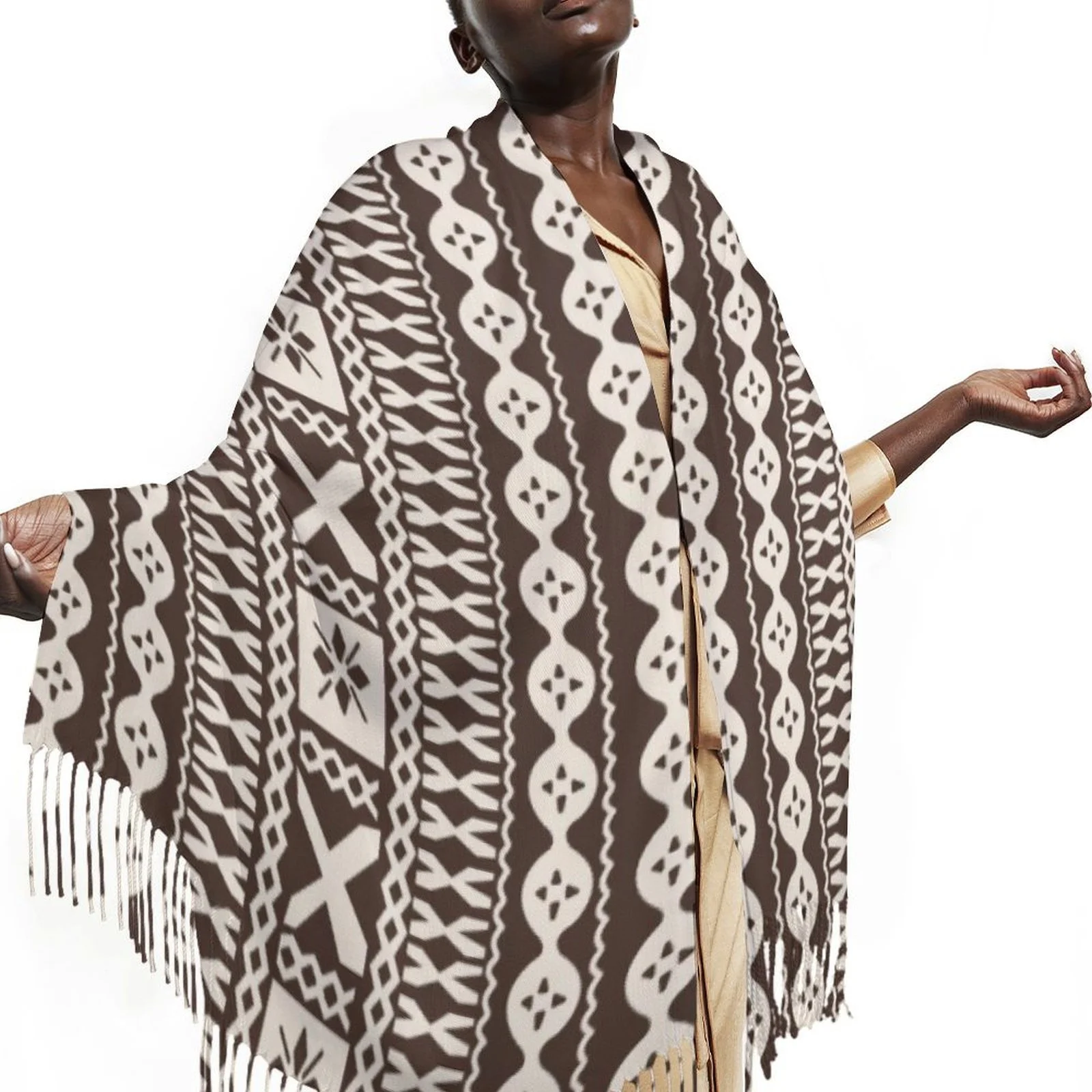 Print On Demand Custom Women Winter Cashmere Scarf Tapa Melanesia Design Poncho Polynesian Ladies Pashmina Shawl Tassel Scarf