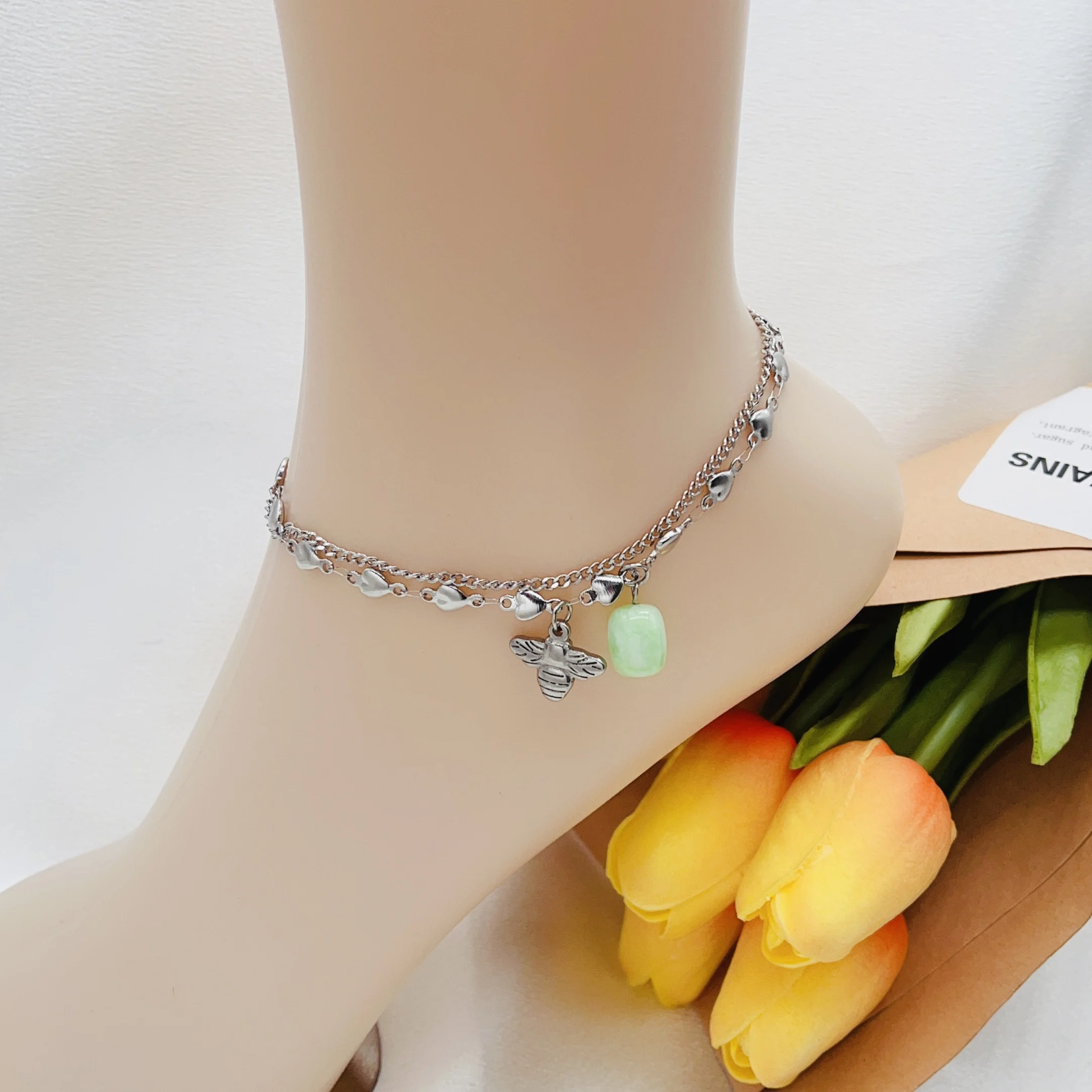 HC Factory Wholesale Stainless steel Women Double Layer Bee Anklet Crystal Anklet Beach Ankle Brand Nail Foot Chain Jewelry