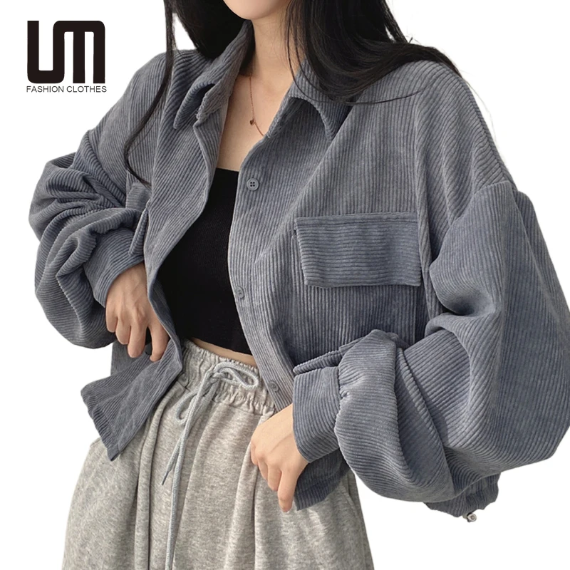 Liu Ming винтажные корейские модные 2024 женские осенне-зимние вельветовые Блузки оверсайз свободные рубашки с карманами