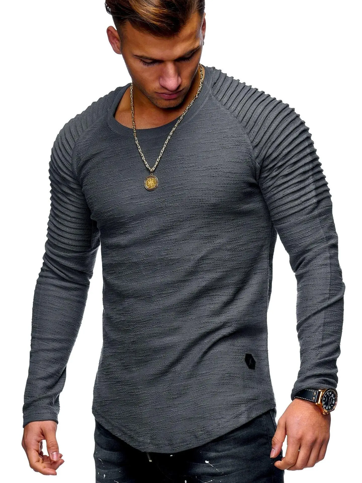 custom solid color long full sleeve round neck pullover casual striped oversized t shirts for men stylish 2021