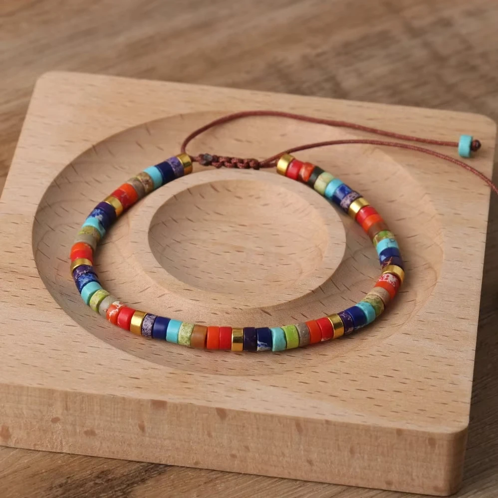 2 x 4 mm Dainty Stone Bracelet for Women Semi-precious Flat Beaded Handwoven Adjustable Healing Imperial Jasper Bracelet