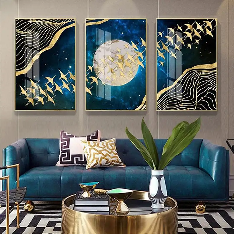 auspicious golden birds moonlight  wall art fine art canvas prints modern pictures for living room dining room bedroom art decor
