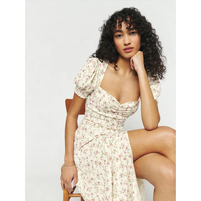 Women High slit Puff sleeve Ruching on bodice Short sleeve Strapless bra friendly Sweetheart neckline Floral print midi dress