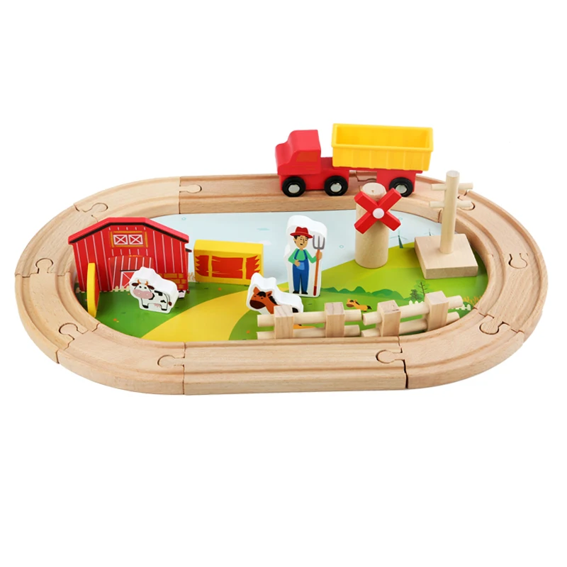 23Pcs Wood Train Track Early Educational Toys Blocks Kids Preschool Educational Toys Wooden Farm Track Car Set Toy For Kids