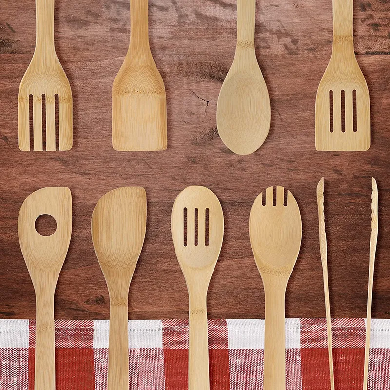 11 Pcs Bamboo Cooking Utensil Set - Natural Non-Abrasive Wooden Kitchen Set Utensil