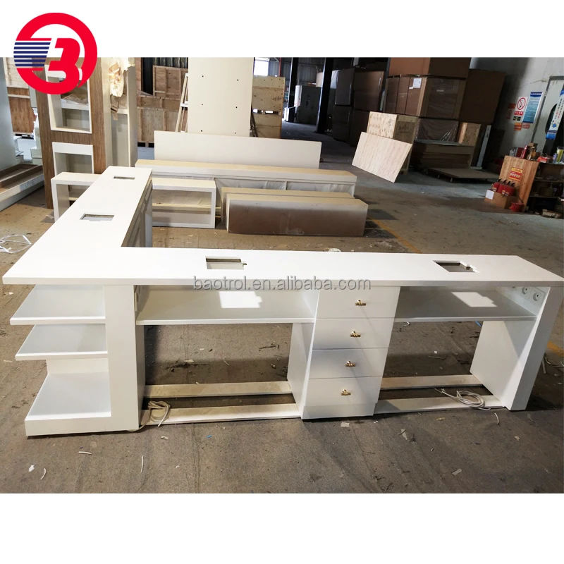 Pure White Luxury Solid Surface  Nail Salon Furniture Manicure Table with Dust Collector