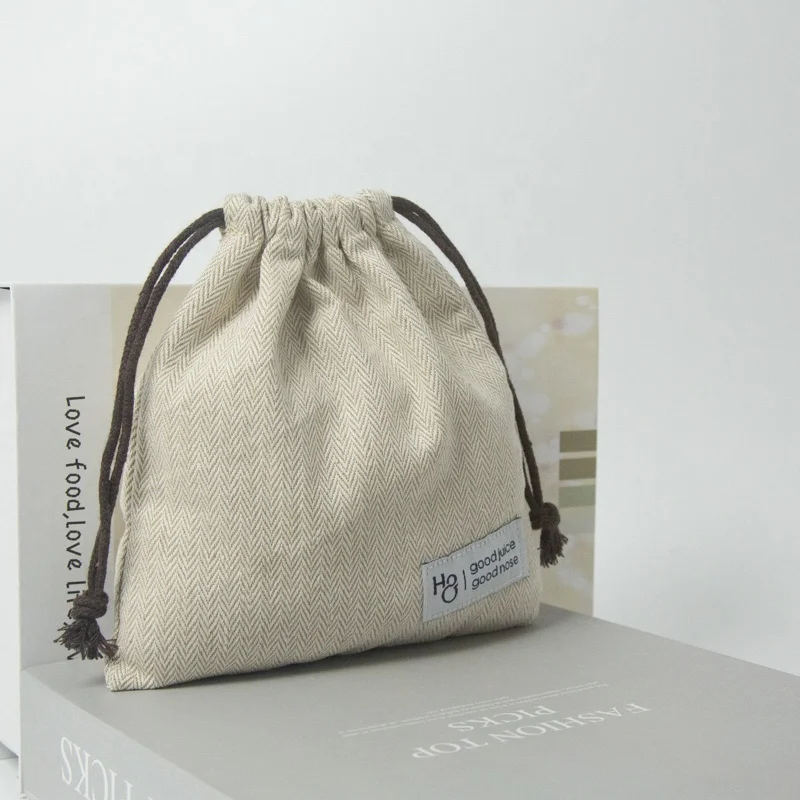 Promotional Personalized Custom Herringbone Linen Drawstring Pouch Cotton Gift Cosmetic Storage Bag