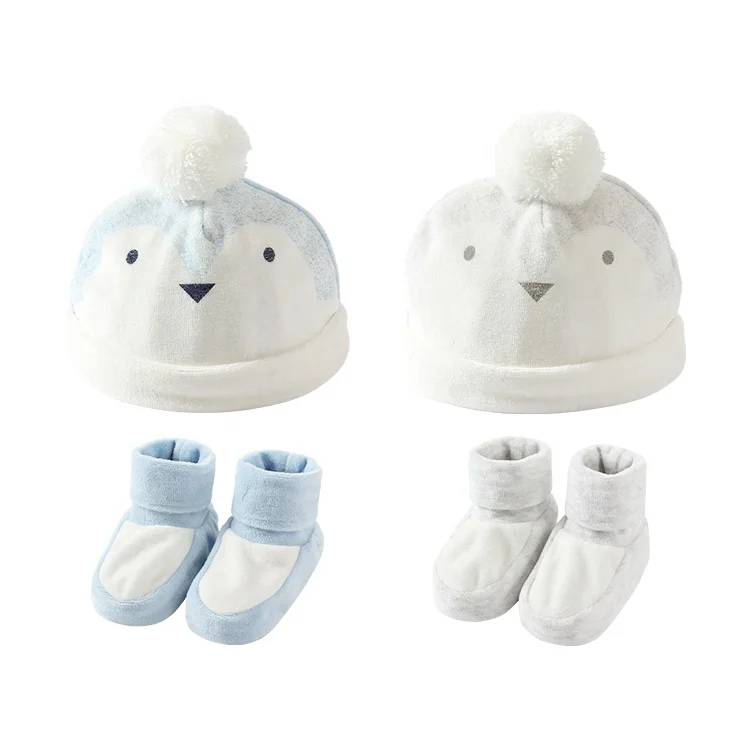 Wholesale Custom OEM ODM Autumn Winter Beanie Toddler Boys Girls Cute Soft Cotton Velvet Newborn Baby Shoes Hat Set