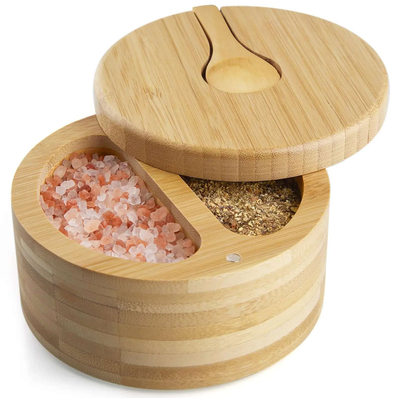 Large 2-Compartment Bamboo Salt Cellar with Lid Herb & Spice Tool for Sea Salts Pepper & Spice Bowls Includes Spoon