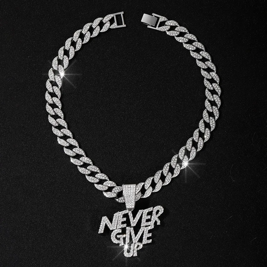 Alloy letters NEVE RGIVE UP Punk pendant Hip Hop men full of diamonds beautiful Cuban chain