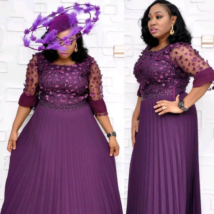 Bazin Pleated Flower Glitter Lace Sleevs Dress African Dashiki Dress For Women Elegent Fashion Style African Design Clothing