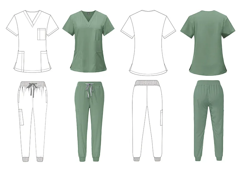 Women Men Unisex Scrubs Hospital Uniforms Medic Scrubs with Cap Nurse Short Sleeve Top Joggers Pants Suit Sets Nurse Fashionable