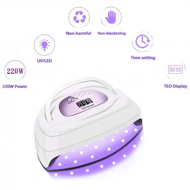 X8 PLUS 220W UV LED Nail Lamp Nail Dryer Gel Polish Curing Light Portable USB Rechargeable UV Led Nail Lamp for Manicure Pink