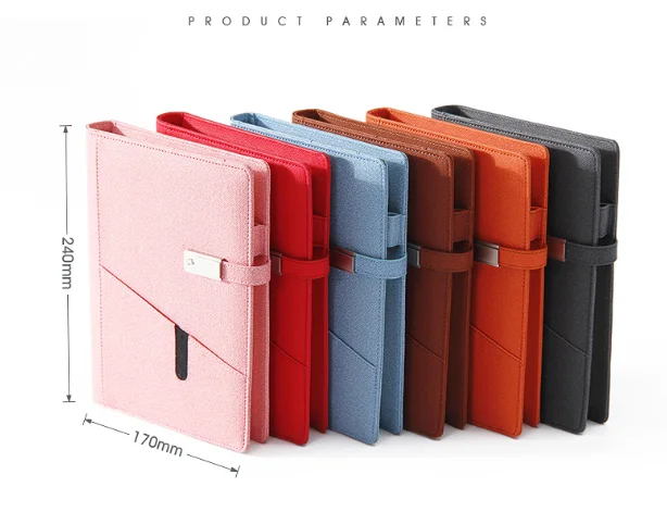 Hotselling A5 brown leather charging notebook with 8000 mah powerbank and 16G USB flash drive