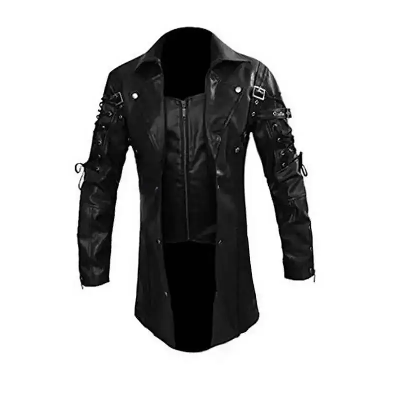 Mens Punk Leather Jacket Button Drawstring Long PU Leather Jacket Plus Size Moto Biker Leather Jacket 5XL