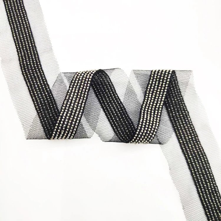 
4CM Black polyester mesh cloth bottom with environmental protection metal batch flower round bead chain metal lace 