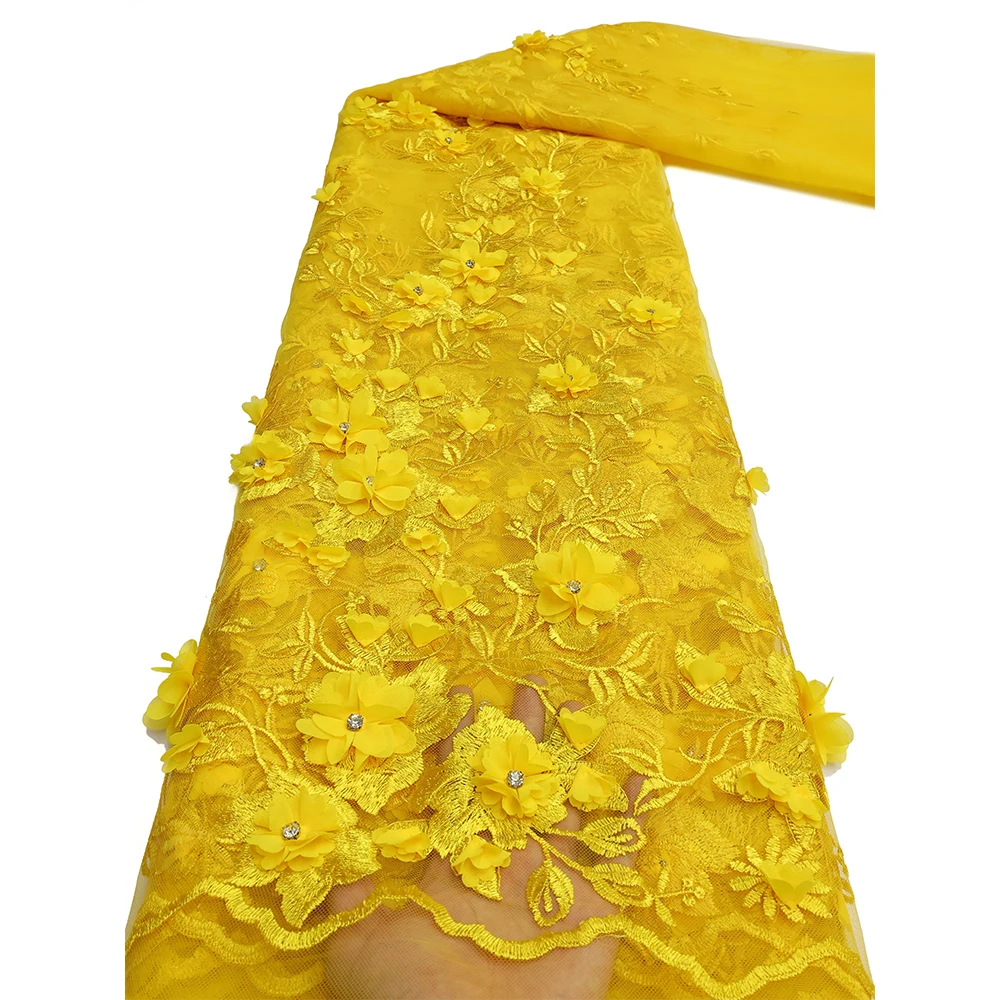 NI.AI Embroidery 3D Flower Lace Net Fabric French Net Lace Luxury Embroidered Lace Fabrics With Stones