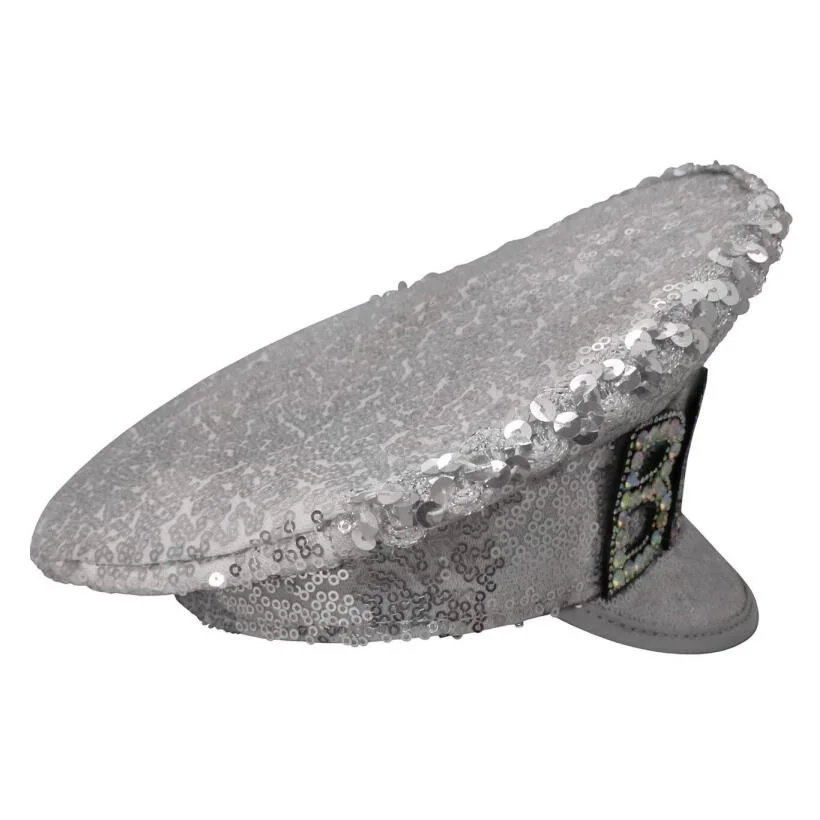 Deluxe Iridescent Silver Flip Sequin Jeweled Festival Military Captain Hat