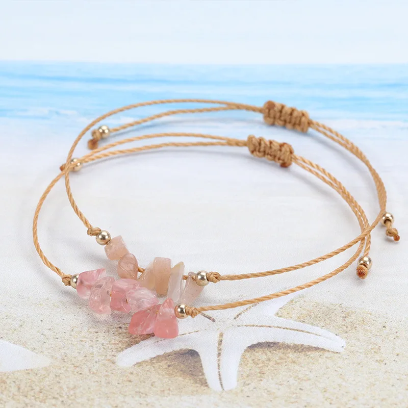 Hot Selling Bohemian Beach Irregular Crushed Stones Bracelet Summer Handmade Wax thread Woven bracelets