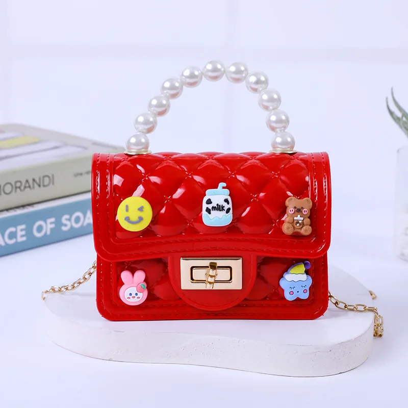 Fashion Cute Kids Crossbody Bag Pearl Chain Handbag Bag With Cute Decoration Designer Coin Purse  Bag For children Girls
