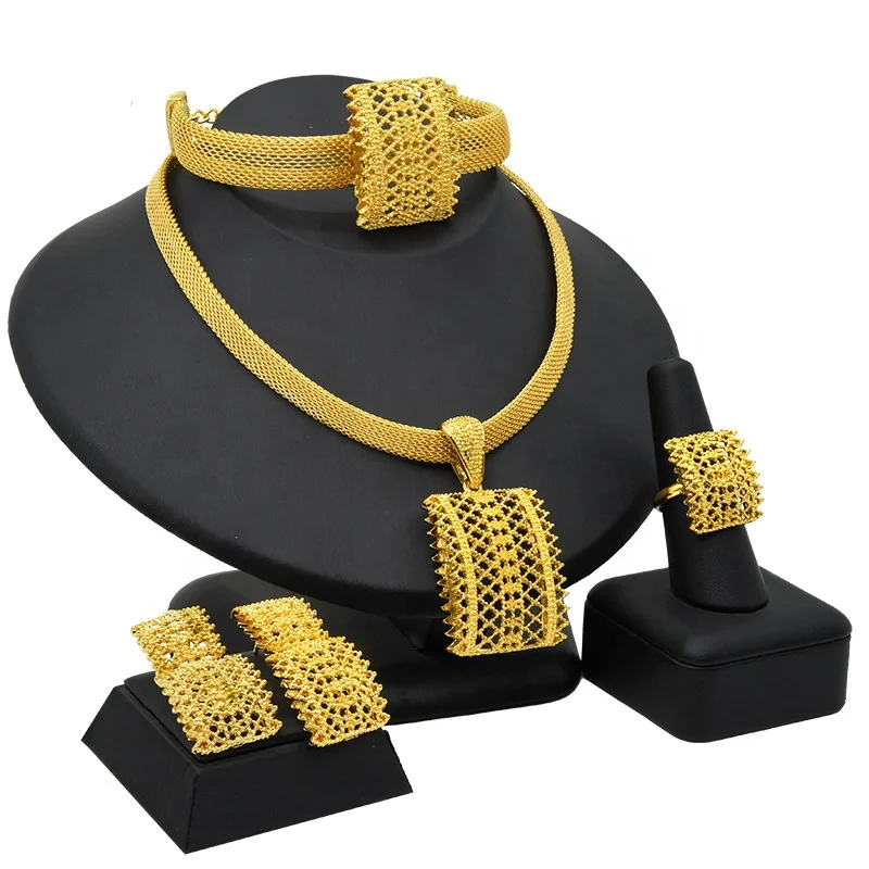 24K Gold Plated African Bridal Wedding Jewelry Sets for Dubai Women Jewelry Necklace Earrings Ring Bracelet 4-piece Set