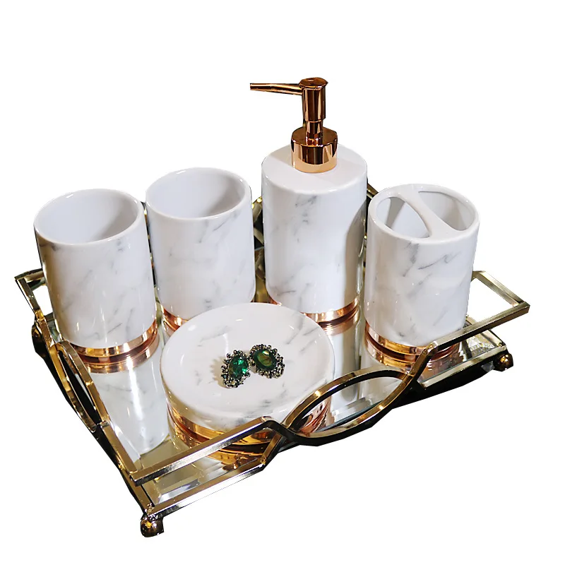 Hotel ceramic Bathroom Set Accessories, Marble Effect bathroom accessory set Sanitary Ware Suite