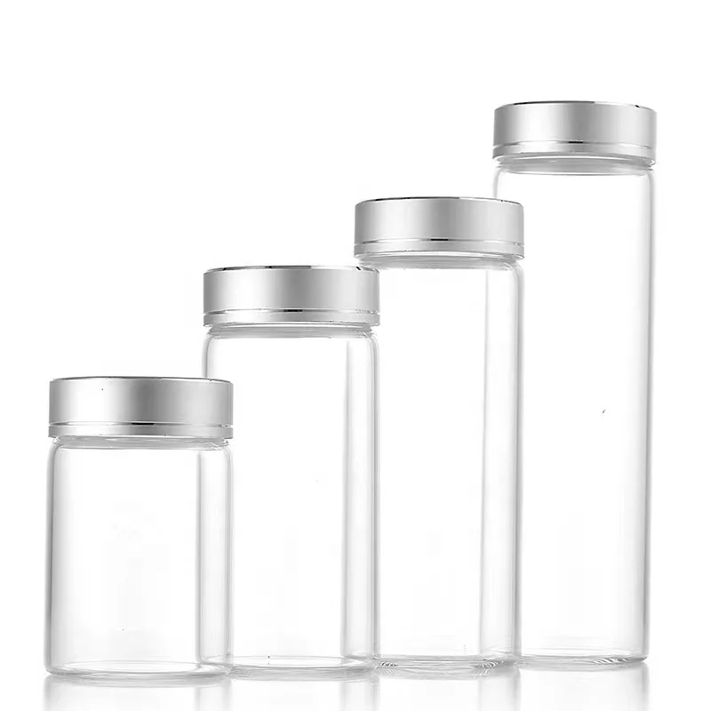 High quality glass vial gift set 60ml 80ml 150ml miniature glass tube bottle with spiral aluminum lid