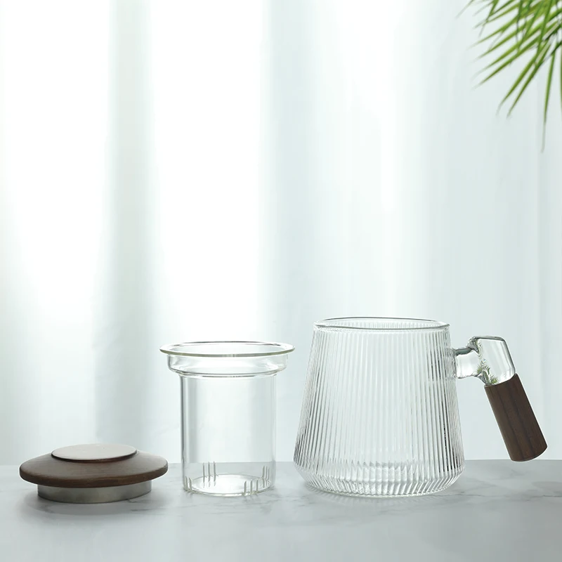 New Popular Quality Wooden Handle Glass Tea Mug With Infuser And Lid Glass Coffee Filter Teapot Strainers Cup for Office Home