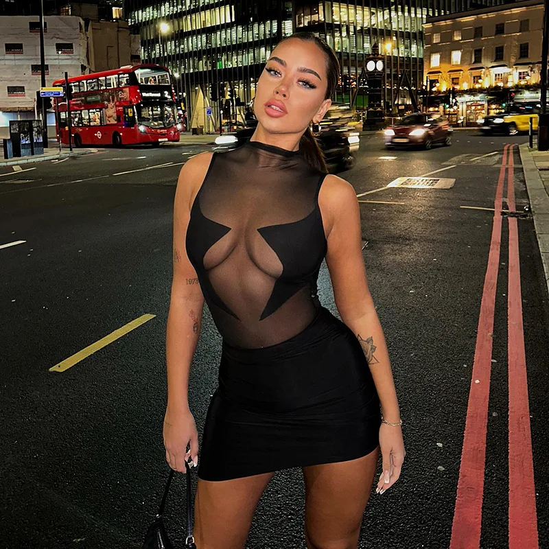 Star Mesh Sexy Dresses for Women Black See Through Sleeveless Mini Dress Night Club Outfits club dresses sexy mini bodycon