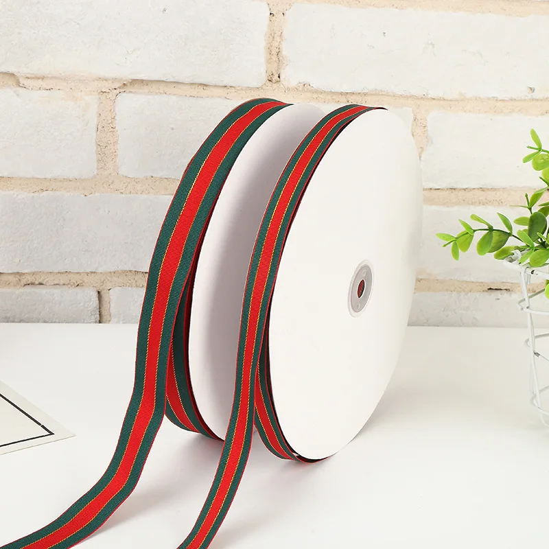 Factory Direct New Year & Christmas 100% Polyester Satin Ribbon Red & Green Stripes with Flowers for Personalised Gifts