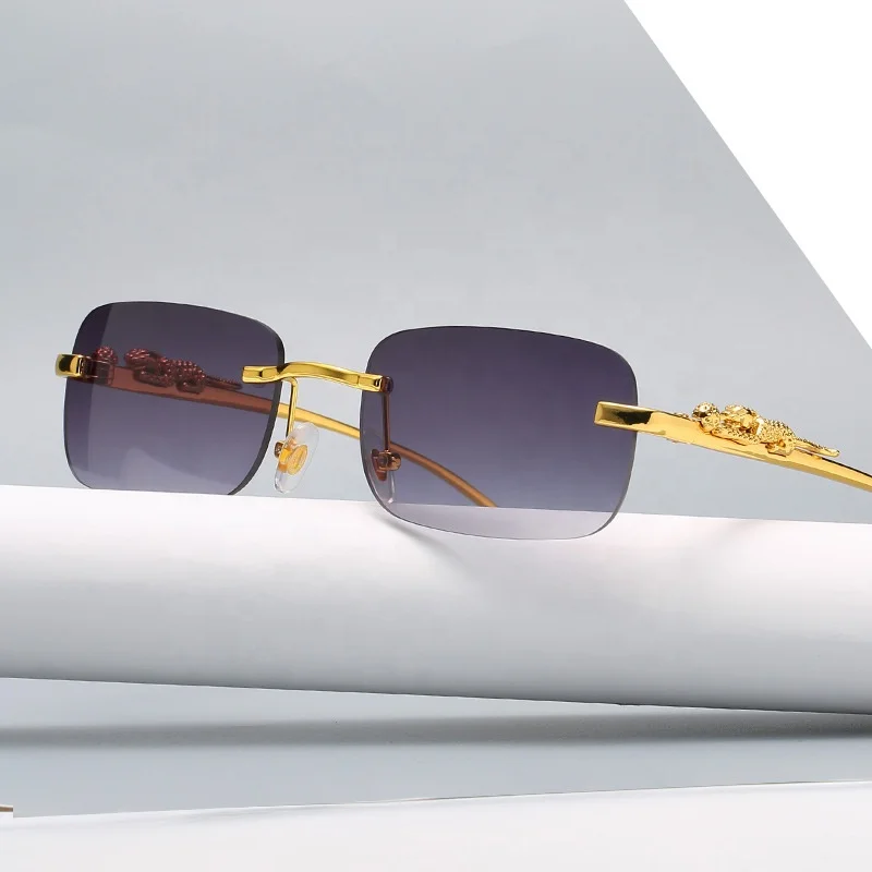 Fashion Vintage Rimless Square Sunglasses Women Men Luxury Designer Popular Travel Driving Metal Leopard Head Sun Glasses