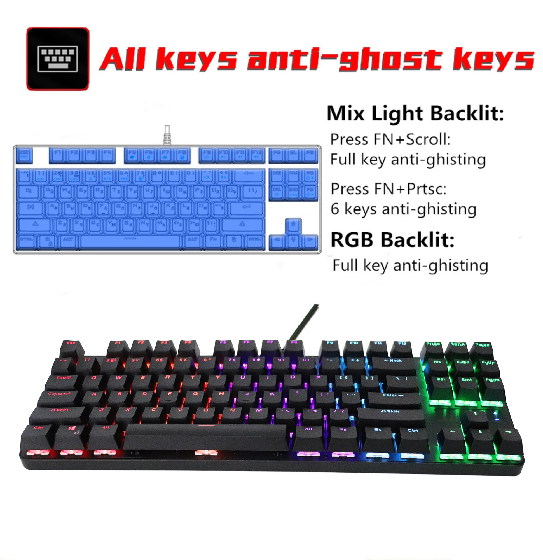 Wholesale Mechanical Keyboard 87 Keys Ergonomic Custom pc Computer Laptop RGB Backlit Gaming Mechanical Keyboard