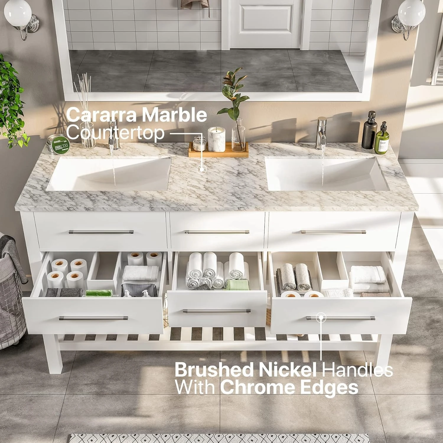 Porcelain Round 60 inch Bathroom Vanity Double Sink Vanity Bathroom Sink with Legs Marble Top Double Vanity Sink Cabinet