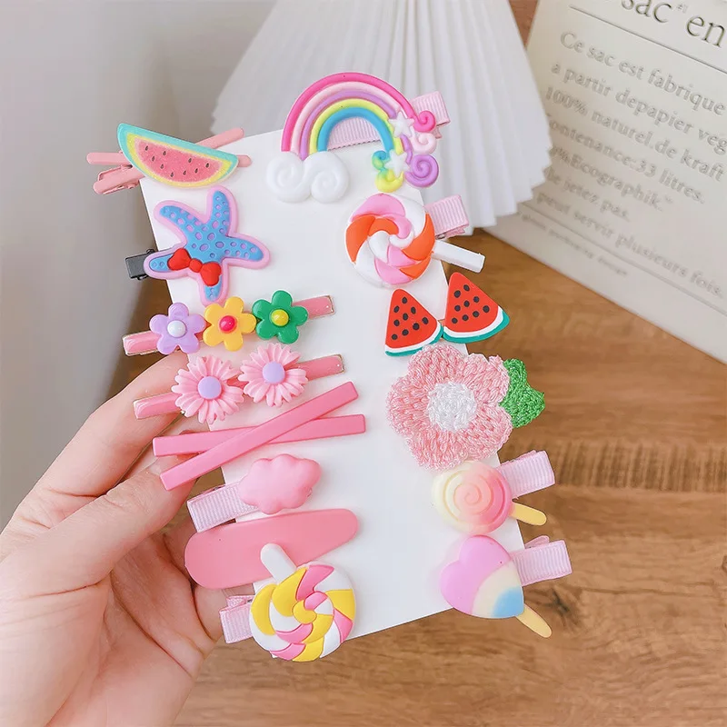 New Design 14Pcs/Set Cartoon Candy Color Cute Hair Barrette Rainbow Cloud Lollipop Hair Clip Pin Accessories Set For Kids Girls