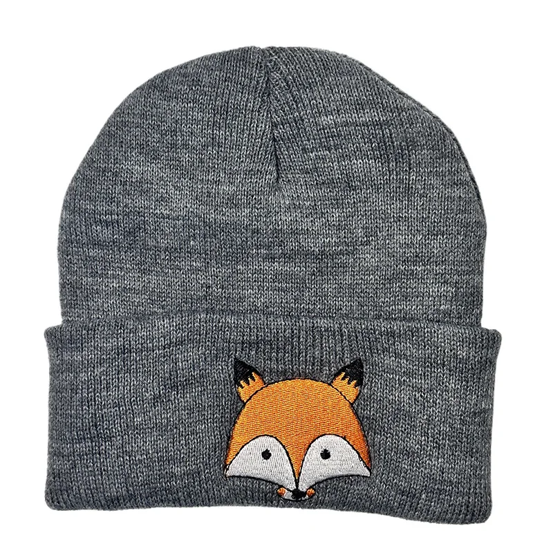 In Stock New Hats Kawaii Cartoon Fox Embroidery Children Baby Boys Girls Fashion White Grey Black Knitted Beanie Winter Kids Hat